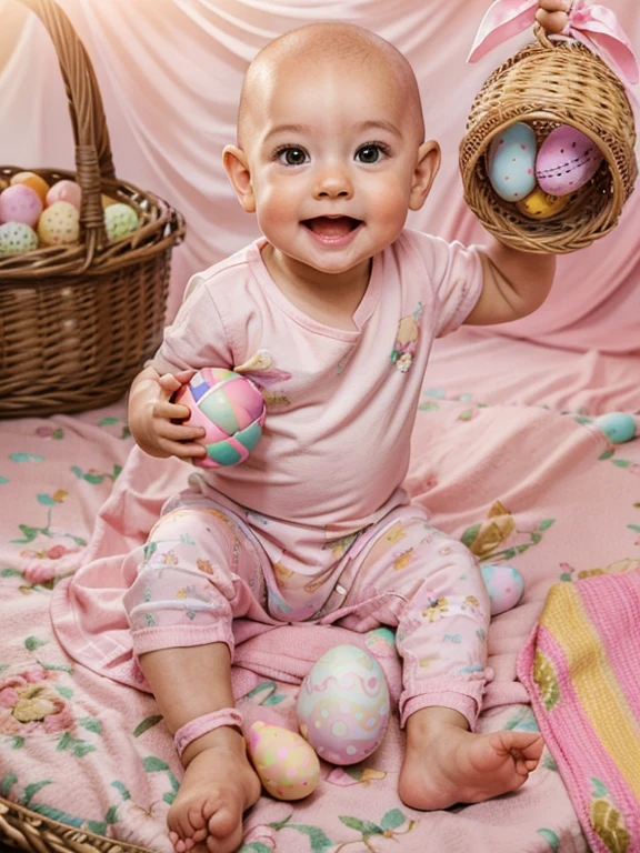 A hairless baby sitting on a pink blanket, a wicker basket with Easter eggs next to it, the room is decorated in an Easter theme, Easter eggs, in light colors, ultra-realistic, ultra-detailed, shot by a photographer, ((don't change the pose)).