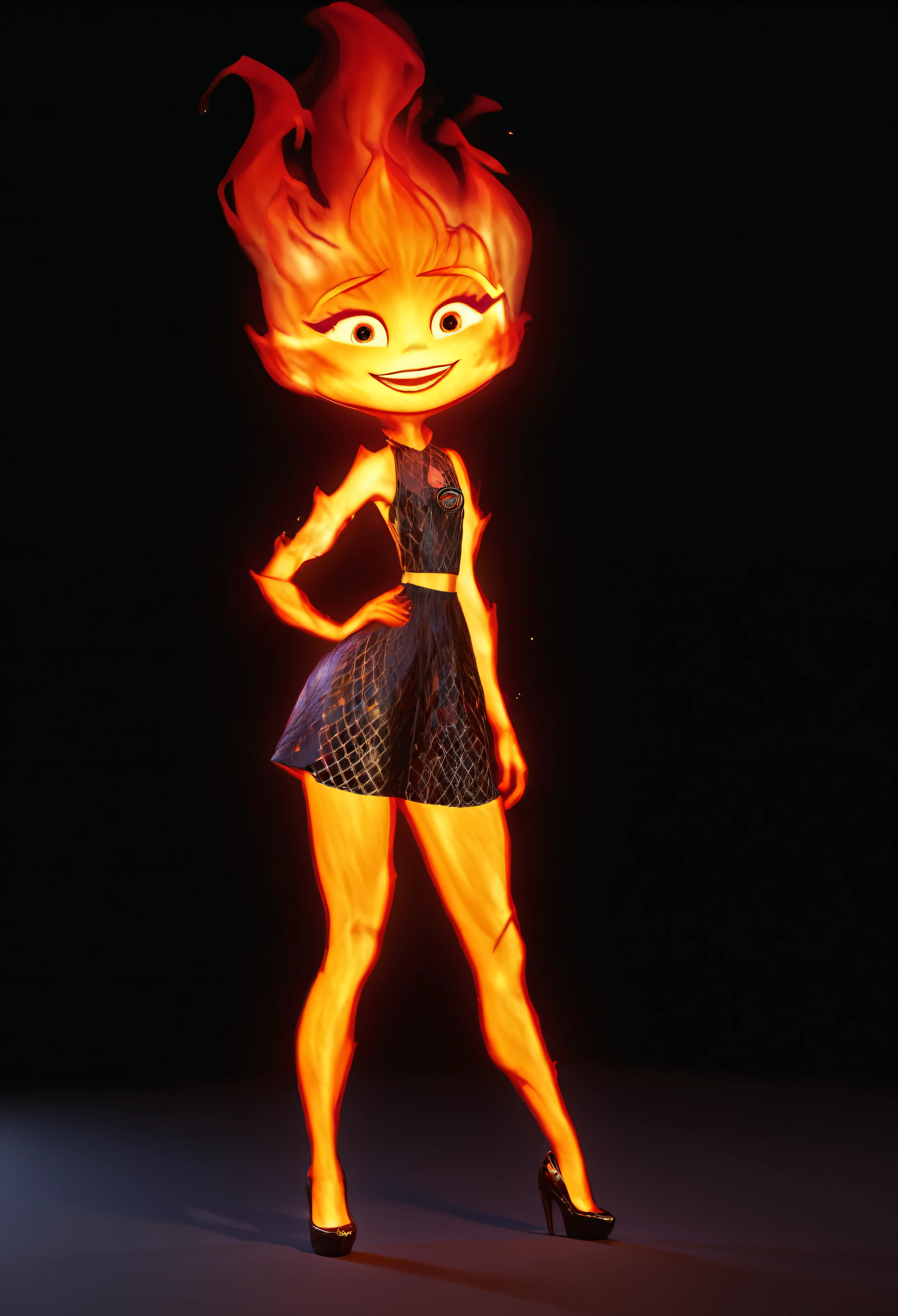 character concept art, ember lumen, girly beautiful model pose, short height ember lumen, small character, ember lumen stands three quarters to the view, happy girly face, fire girl ember lumen, black plain background, masterpiece vfx, perfect 3d render, octane 3d render, cinematic cgi