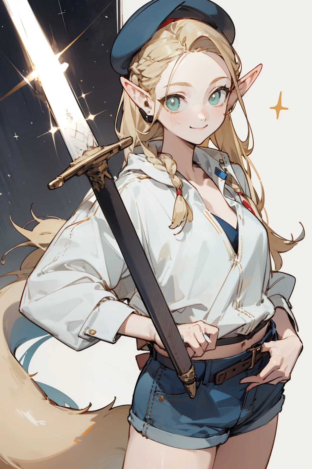 Wearing a bikini、Wearing a hat and a sword, Wearing headphones,(masterpiece, best quality) detailed,silver accessories , Blonde ,elegant, Pointed ears ,White shirt,shorts,Double tail,Waist-length hair,Smile,Star decoration,