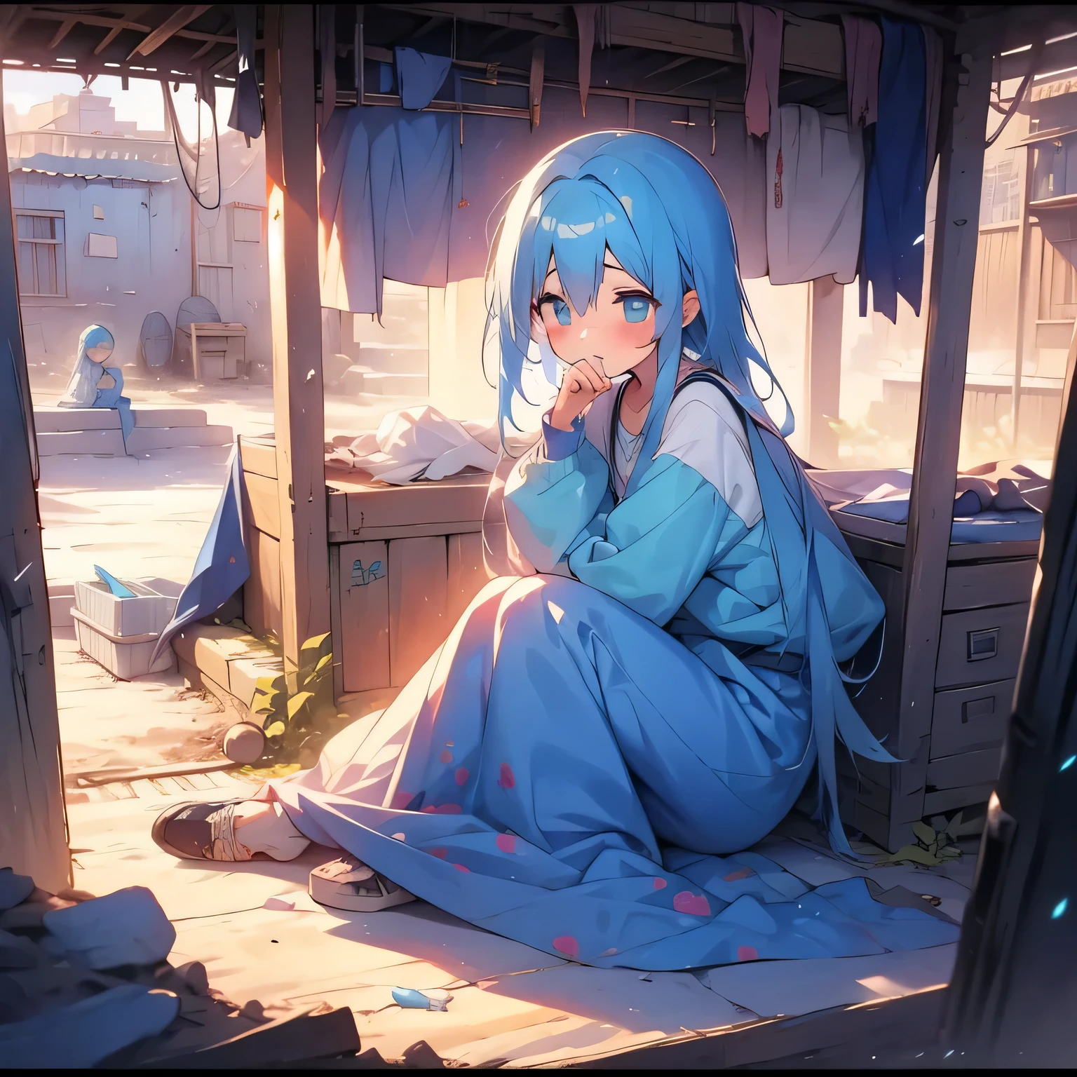 blue hairs,teens girl,toddlers,elementary student,Clothes are tattered,Loose hair,In the slums,Sit there,With tears,Ruined city in the desert,lifeless,There is no green。