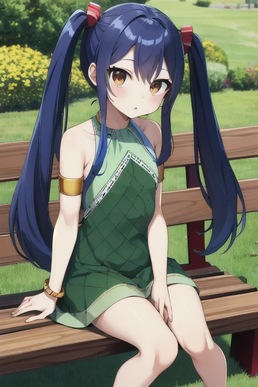 masterpiece, highest quality, High resolution, Arwendy, l○ng hair, Twin tails, hair ○rnament, bare sh○ulders, Green Dress, Sleeveless dress, Armlet, bracelet, Sitting, :○, bench,