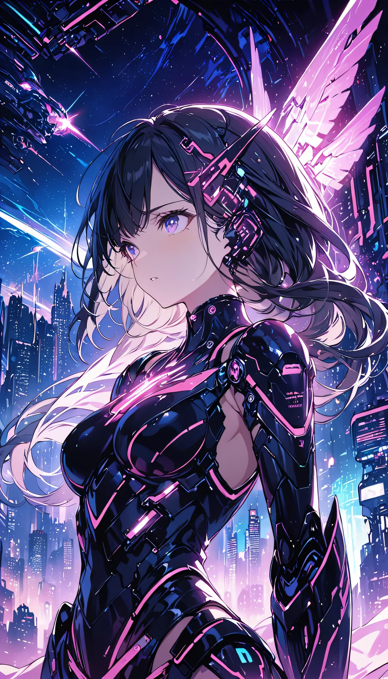 highest quality ,masterpiece, shape, Very delicate and beautiful, Very detailed ,CG ,Unity ,8k wallpaper, wonderful, finely, masterpiece,highest quality,Official Art,Very detailed CG Unity 8k wallpaper,Confused, incredibly Confused, Very detailed, High resolution, Very detailed,Beautiful detailed girl,The light shines on your face, 1 girl, Mecha, armor, Mechanical_body, Black Hair, Spaceship, city, cyber punk, star,