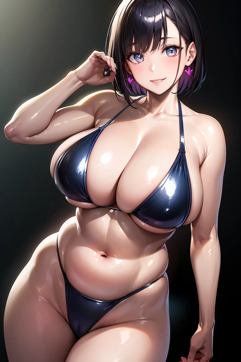 extremely detailed CG, super detailed skin, perfect anatomy, dynamic lighting, beautiful detailed eyes, Top quality、Realistic、woman、about 40 yo、Beautiful Eyes、Symmetrical eyes、A big smile、(Big breasts bigger than face、Plump body、Curvy Body:1)、Short Hair、Black Hair、Iris、 (Glossy metallic swimsuit, Ultra-thin smooth fabric swimwear, Competition Swimwear, pink), (Shiny skin、Glowing Skin、High gloss skin:1.4)、