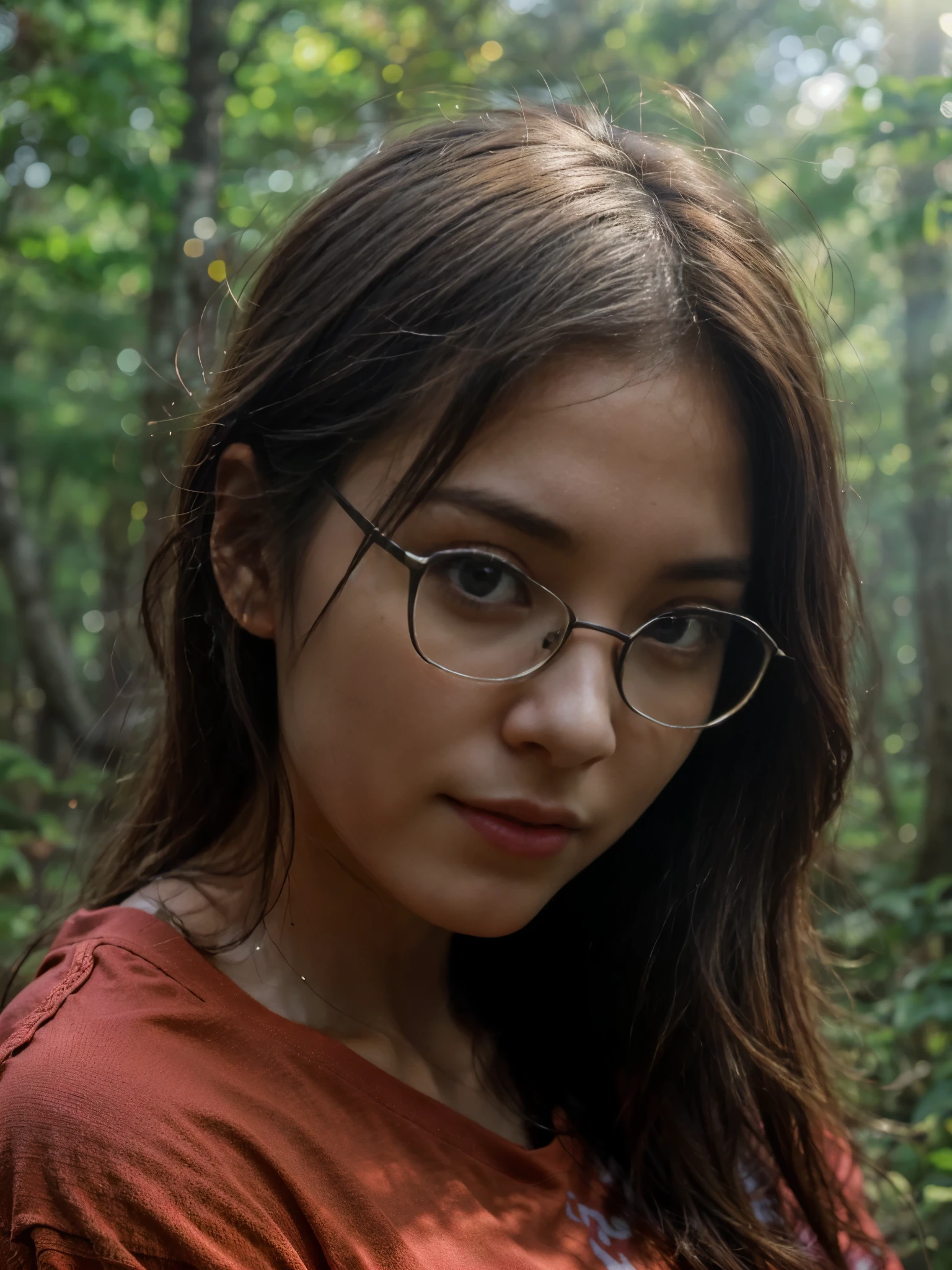 Photorealistic, (close up:1.3, exposed face), low angle, (seen from below), in frame, a japanese young woman with hood, (long sleeve (red t-shirt:1.2), oversized cargo jeans), a hyperrealistic beautiful young girls with grayish blue eyes in glasses, natural droopy breast, high detailed official artwork, beautiful girls with slim fit body and busty posture, long legs, attractive young woman, (atractive poses:1.3, crossed arm hug the breast up), at bench in the (natural foggy forest:1.2), natural background, dubnitskiy david fanart, realistic portrait, smooth photorealistic, perfect visual of a cute girls, cute girls with skinice soft face, face focus, makoto shinkai and artgerm, photon mapping, natural light, warm color tones, vivid colors, cool ambient, foggy atmosphere