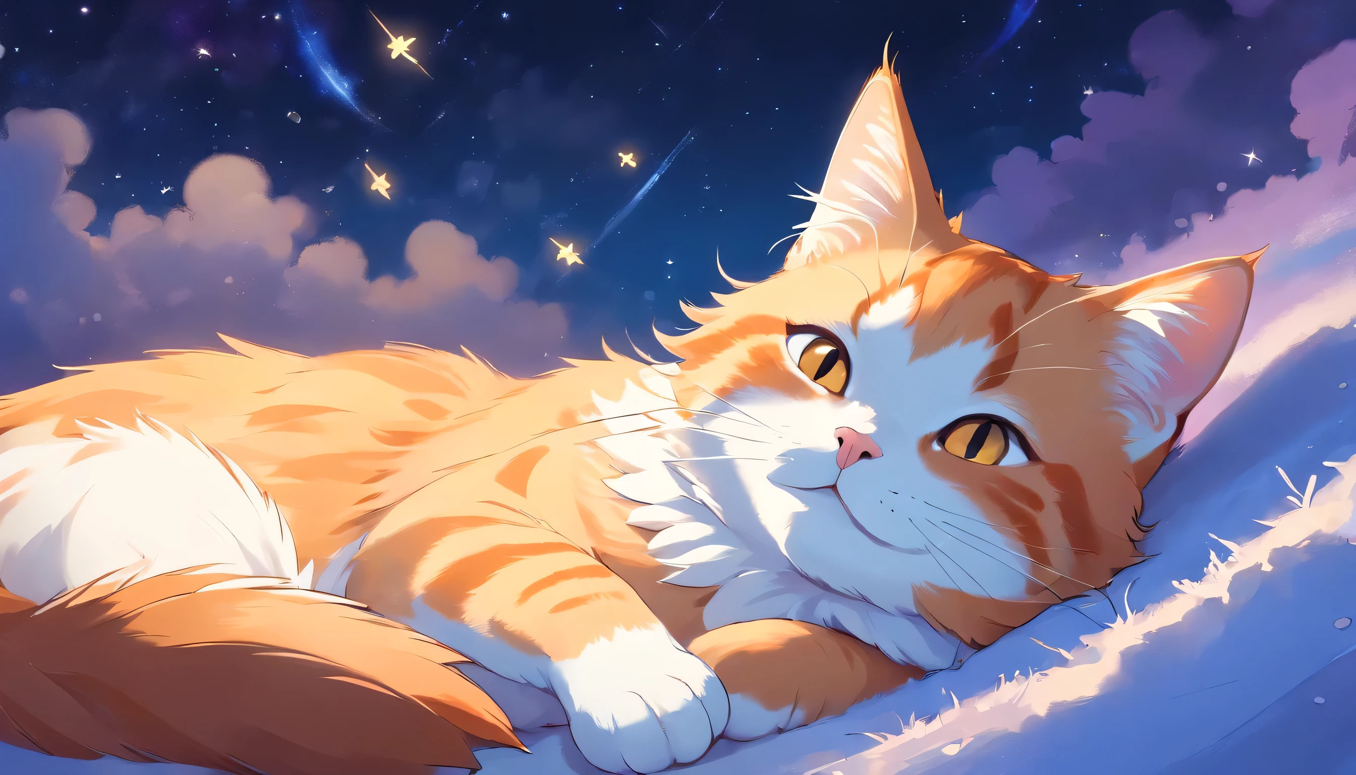 Viewing angle is close-up, HD, Disney Pixar style, digital painting, natural light, rich background, edge lighting, fantastic tones, color palette, aspect ratio 16:9 This photo depicts a small orange and white cat I close my eyes and lie peacefully on top of the snow-like clouds, as if I was dreaming a sweet dream. The cat's expression is very calm and content, and the corners of its mouth are slightly raised, as if it is smiling. The background of the painting is a fantastic starry sky, decorated with stars and soft halos, some of which are connected by graceful lines, creating a quiet and peaceful night atmosphere. The overall style can be described as full of fantasy and fairy tale colors. . The entire image is dominated by warm, bright colors, and the colors are used in a soft, layered manner. The orange and white cat contrasts sharply with the dark blue and purple background, creating warm and cool tones that enhance the cozy atmosphere of the photo. It expresses a feeling of peace, warmth, and comfort, and looking at it makes you feel very relaxed and happy. that. In addition, the depiction of details such as the cat's fur, the fluffiness of the clouds, and the twinkle of starlight is exquisite, enhancing the delicateness and charm of the painting. I am sleeping with both eyes closed.