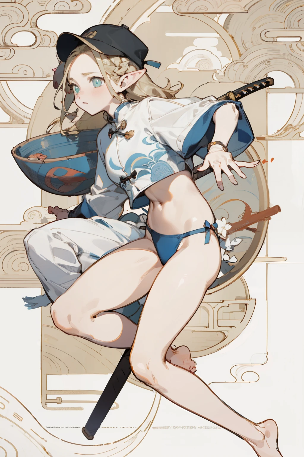 Wearing a bikini、Wearing a hat and a sword,Wearing headphones, (masterpiece, best quality) detailed,silver accessories , Blonde ,elegant, Pointed ears ，Chinese element pattern，Wear a white shirt,Navel exposed,Barefoot