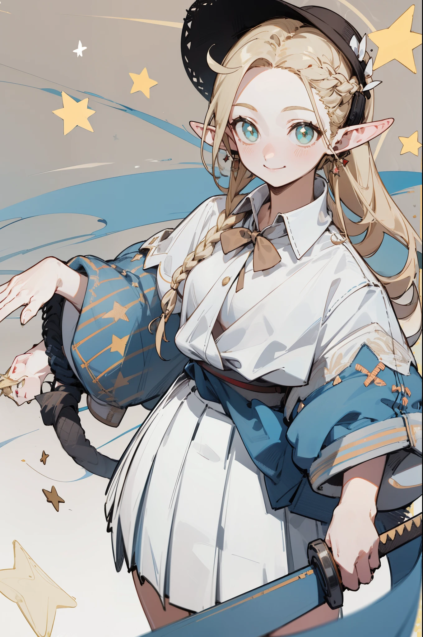 Wearing a bikini、Wearing a hat and a sword, Wearing headphones,(masterpiece, best quality) detailed,silver accessories , Blonde ,elegant, Pointed ears ,White shirt,Pleated Skirt,Double tail,Waist-length hair,Smile,Star decoration,Wearing a straw hat,High heel