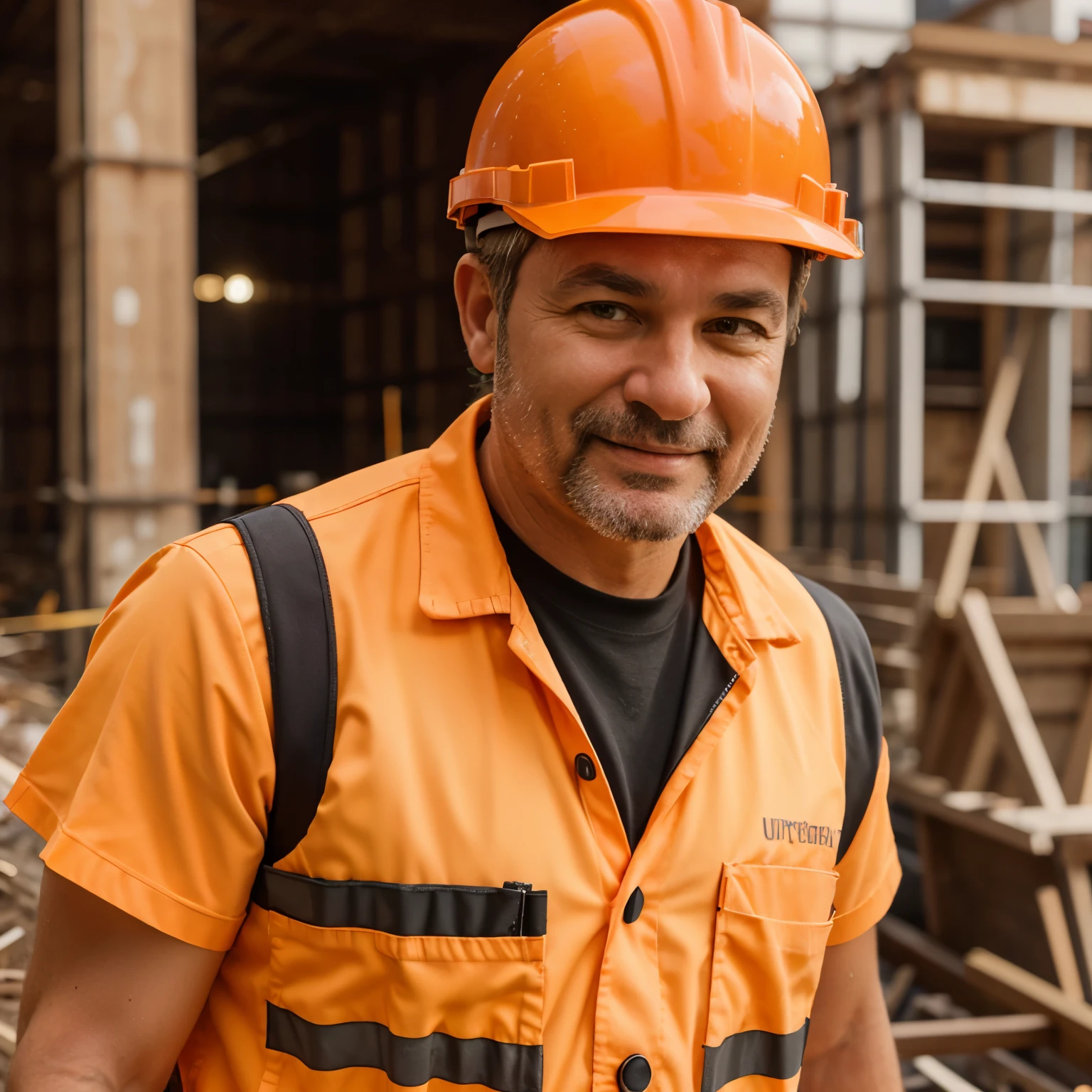 ((1)) happy looking, normal eastern middle aged man construction worker dressed in orange high Vis and orange hardhat, ultra detailed, hyper realistic