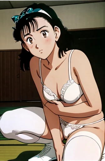 (unity 8k wallpape),(best quality),(high resolution),(ultra-detailed),(perfect anatomy),(beautiful detailed eyes),YAWARA,(urasawa naoki style),20yo,Blushed cheeks,,panty shot,squatting,White panties,White bra,cameltoe,White socks,Shooting from a low angle,Turn your body forward,Panties focus,Face forward and open your legs,(open leg),