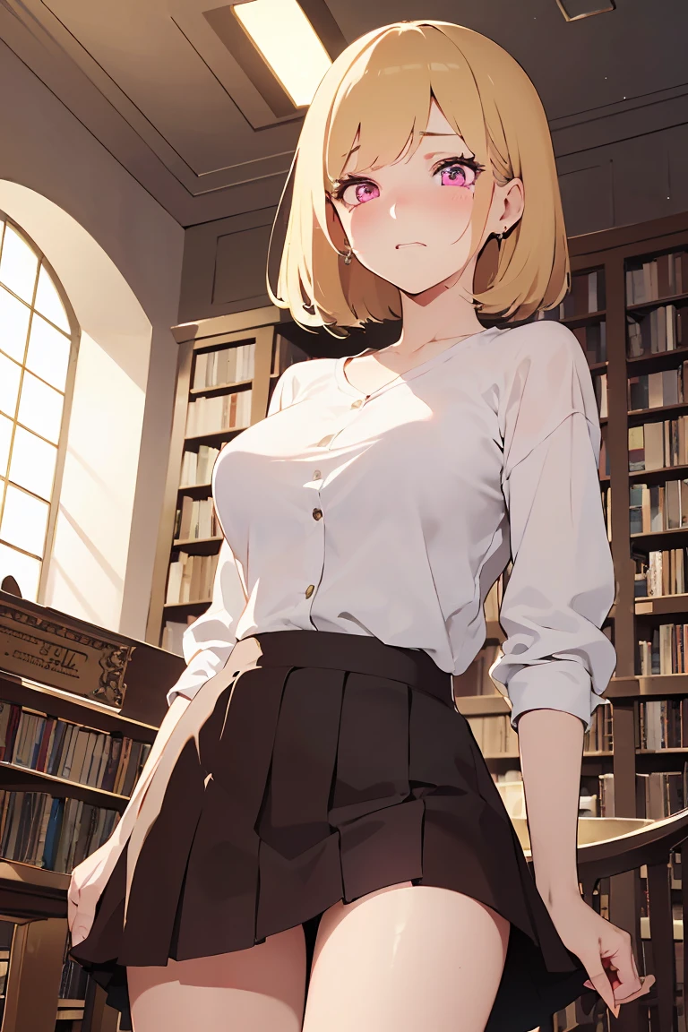 masterpiece, absurdres, best quality, ultra detailed, high Resolution, detailed illustration, bright colour, (extremely beautiful detailed face and eyes, Delicate beautiful face, 1 girl, cute face:1.3), (magenta eyes:1.1), sparkling eyes, big eyes, medium breasts, (perky breasts:1.1), (pointy breasts:1.1), medium hips, glamorous body, white skin, BREAK, long bob cut, (blonde hair:0.8), messy hair, detailed hair, shiny hair, BREAK (loose casual shirt, skirt:1.5), perfect lighting, (embarrassed:1.5), (ecstasy, vulgarity:1.5), (trembling:0.8), (from below, Climb up the stepladder, library:1.3),