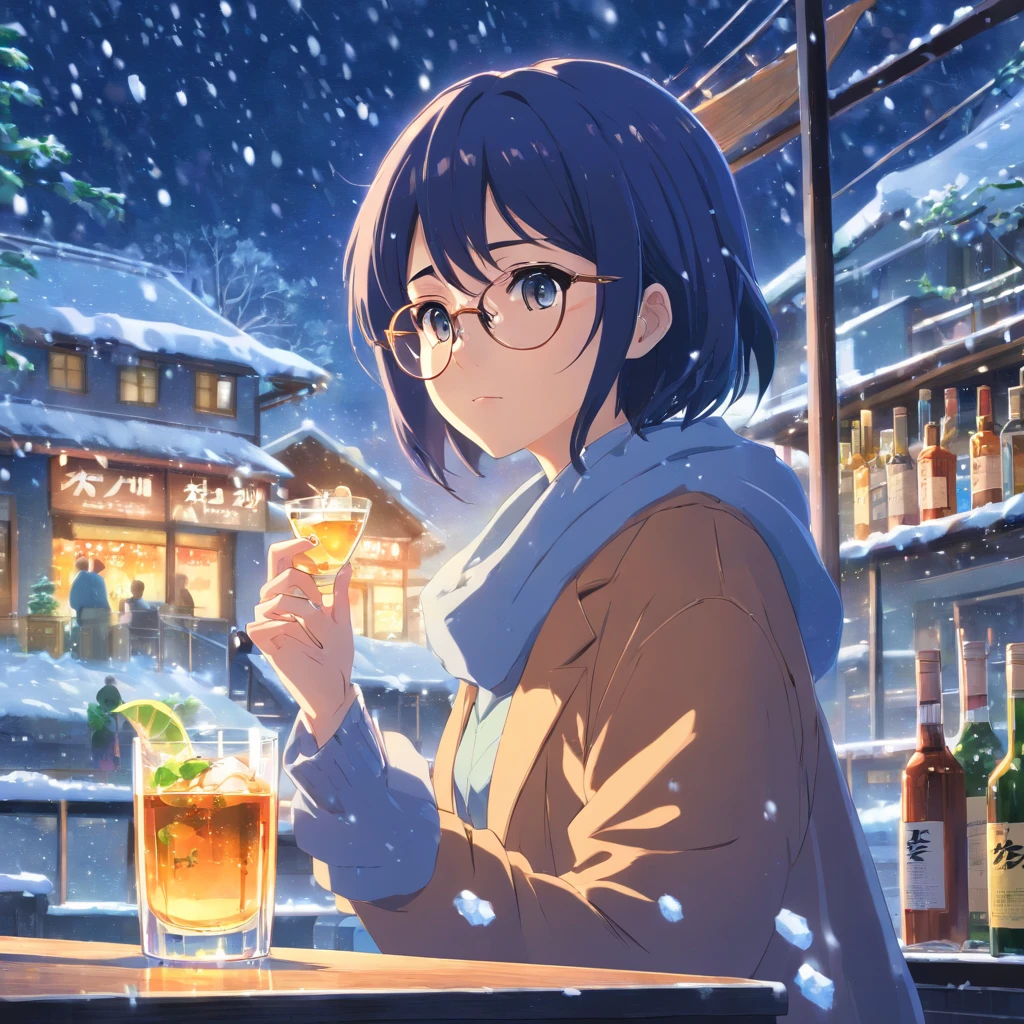 Snowstorm　woman　liquor　Glasses