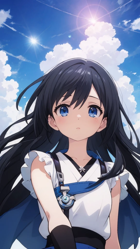 absurderes, hight resolution, (Anime style:1.1), ((masutepiece)), ((Best Quality)), (Ultra-detailed), (Beautiful), solo, Beautiful face、(liftup)、Cute looking at the view from the top of a skyscraper that is closer to the atmosphere,Wind,((Thin black colorful long hair)),, Blue Eyes,Lens Flare,Dramatic,Detailed Ancient City、Skirt fluttering in the wind、Clouds below looking down、(Don't look here:1.4),((Kingdom hearts4)),((Shibuya))1.5,