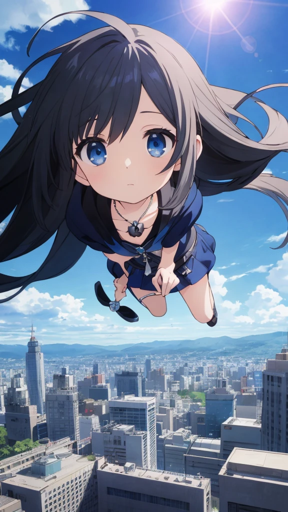 absurderes, hight resolution, (Anime style:1.1), ((masutepiece)), ((Best Quality)), (Ultra-detailed), (Beautiful), solo, Beautiful face、(liftup)、Cute looking at the view from the top of a skyscraper that is closer to the atmosphere,Wind,((Thin black colorful long hair)),, Blue Eyes,Lens Flare,Dramatic,Detailed Ancient City、Skirt fluttering in the wind、Clouds below looking down、(Don't look here:1.4),((Kingdom hearts4)),((Shibuya))1.5,