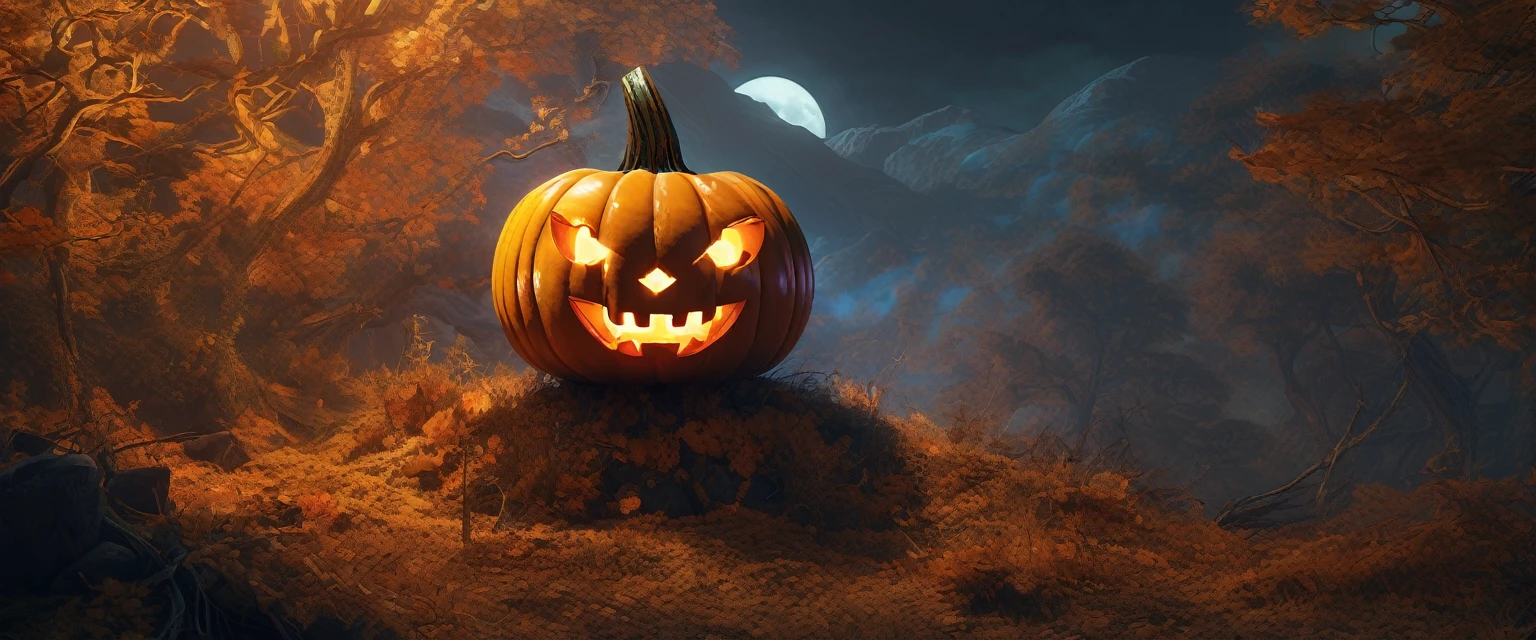 Anthropomorphic jack-o-lantern, gloomy, Cheiron Crush, illustration, ultra gran angular, Octane representation, despondent, elementos, psychedelic colors, surrealism, Museum lighting, ultrarrealista, Muy detallado, natural lighting, entorno forestal, Motor irreal, 8k