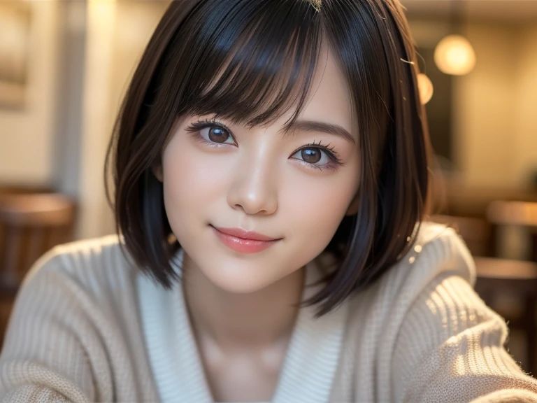 (highest quality:1.5)、(Realistic:1.5)、(1 person:1.5)、Very detailed、High resolution、8k wallpaper、、(Leaning forward)、forward leaning posture、Leaning forward、Cute woman wearing a sweater、Small breasts、Natural color lips、Cute smile、Japanese women、20 year old girl、Thin eyebrows、Beautiful and elegant face、cute顔、cute目、Big eyes、Fair skin、Beautiful and elegant face、Natural Bangs、Beautiful and thin nose、Beautiful Skin、Medium Bob Hair、Natural Bangs、Perfect and beautiful face、Slim face and figure、(Looking at the camera with a cute expression)、(Bright lighting)、Professional Lighting、 (Lighting from the front)、Natural smile、Beautiful clavicle、cute胸の谷間、Natural smile、cute、Brightly lit cafe、
