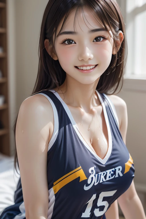(One Girl), Very cute face, Great face and eyes, (Highly detailed eyes, Highly detailed face), Fresh, Very beautiful appearance, (Super realistic, High resolution), (highest quality:1.4), RAW Photos, (Realistic, Photorealistic:1.37), Professional photography , (basketball uniform ), (wet uniform ) , (Cleavage:1.2), (Exposing shoulders), Smile a little, (Look at me), Bedroom, Portrait of a Girl , (Huge breasts) , (Erect nipples:1.2) , Bare shoulders ,