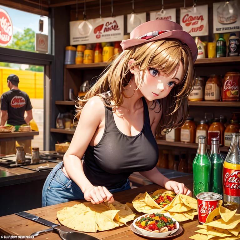 Woman making tacos, tortillas and nachos at a Mexican food stall Tight tank top and tight hot pants There are coke, tequila and Corona beer on the table. I can see your pants