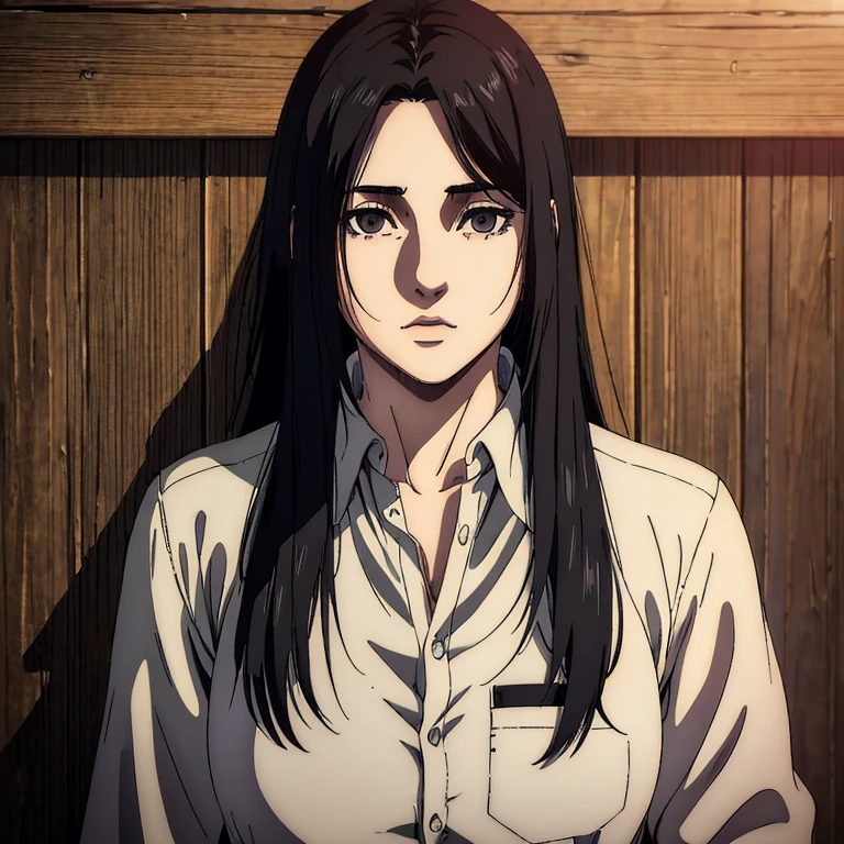 best quality, highres, masterpiece:1.2), ultra-detailed, (realistic, photorealistic, photo-realistic:1.37), female character, very young 18 girl, Mappa art style, grayish black eyes, neat styled raven black long straight hair , behind her a cabin , she is wearing shirt