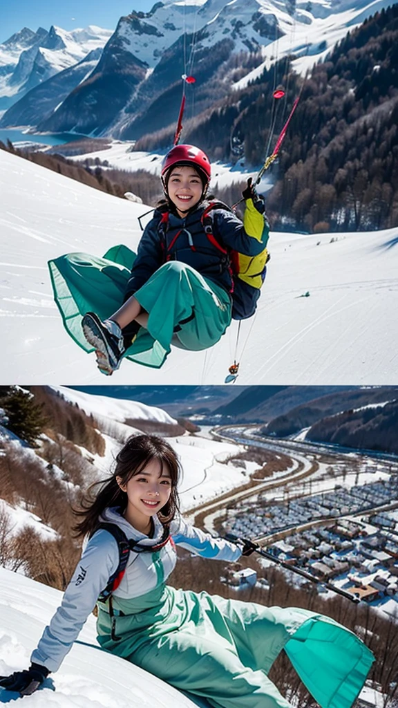 Beautiful 18 years old Korean girl, Paragliding On switzerland alaps valley, ((Now broadcasting)), ((Paragliding)), Solitary, Air, Practical, Ultra HD, 8k unity wallpaper, Ray Tracing, Beautiful Smile, (Smile:1.2), Pistachio Knee-Length Dress, Detailed background, Delicate skin, Detailed dress , Mountains, Snow Mountains, lake, pine,