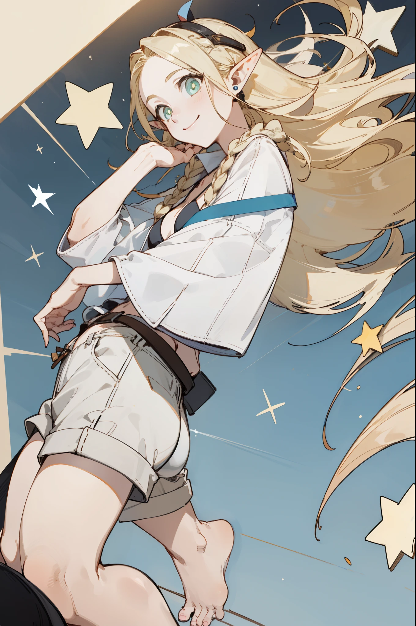 Wearing a bikini、Wearing a hat and a sword, Wearing headphones,(masterpiece, best quality) detailed,silver accessories , Blonde ,elegant, Pointed ears ，White shirt，shorts，Double tail，Waist-length hair，Smile，Star decoration，Barefoot