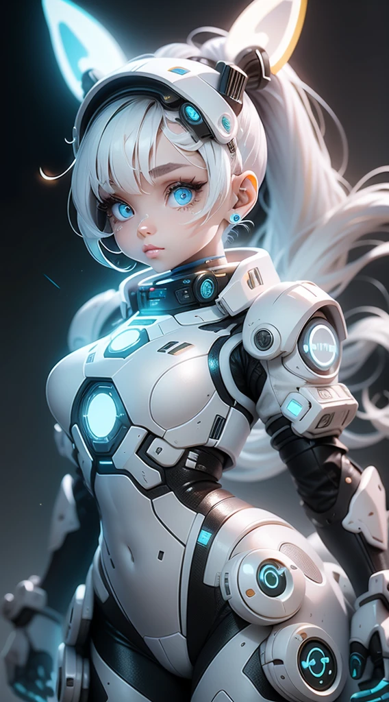 Full body internet girl with ponytail. Ariana Grande's face. Bright white indicates that she is a cyber girl with a white laser rifle. White eyebrows. Clothes like cat outfits. She also has bright blue eyes. The environment is similar to a terminator. The hair is platinum blonde. One side of her face was illuminated by bright blue. Like LEDs. And both hands also have LED lights.