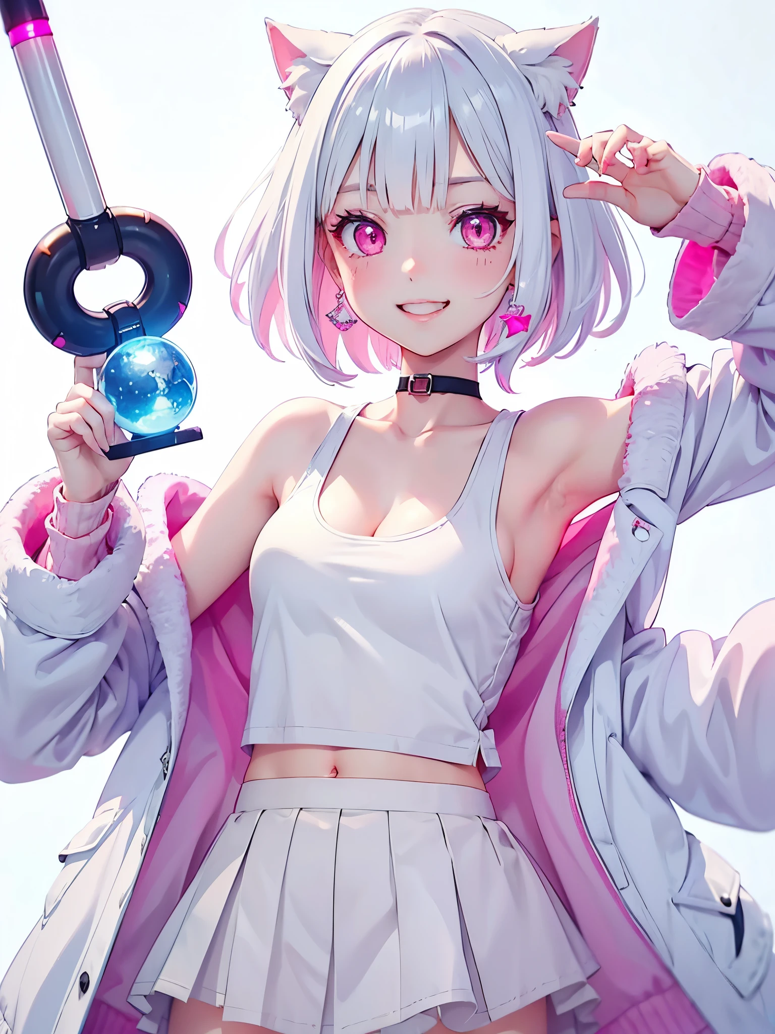 White hair. Short hair. Inner pink hair. Anime girl. Pink eyes. Glowing eyes. Nekomimi. Smiling. Tanktop. Armpit. Coat.