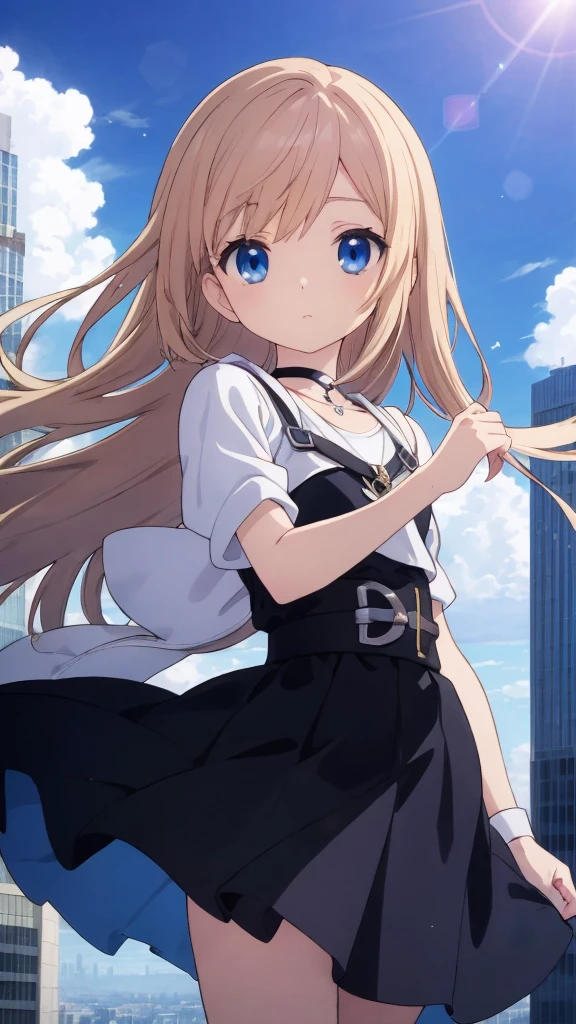 absurderes, hight resolution, (Anime style:1.1), ((masutepiece)), ((Best Quality)), (Ultra-detailed), (Beautiful), solo, Beautiful face、(liftup)、Cute looking at the view from the top of a skyscraper that is closer to the atmosphere,Wind,((Thin black colorful long hair)),, Blue Eyes,Lens Flare,Dramatic,Detailed Ancient City、Skirt fluttering in the wind、Clouds below looking down、(Don't look here:1.4),((Kingdom hearts4)),((Shibuya))1.5,