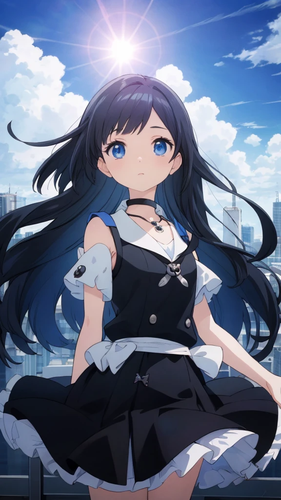 absurderes, hight resolution, (Anime style:1.1), ((masutepiece)), ((Best Quality)), (Ultra-detailed), (Beautiful), solo, Beautiful face、(liftup)、Cute looking at the view from the top of a skyscraper that is closer to the atmosphere,Wind,((Thin black colorful long hair)),, Blue Eyes,Lens Flare,Dramatic,Detailed Ancient City、Skirt fluttering in the wind、Clouds below looking down、(Don't look here:1.4),((Kingdom hearts4)),((Shibuya))1.5,