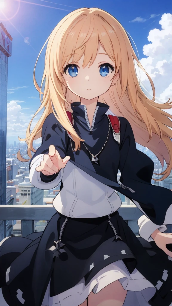 absurderes, hight resolution, (Anime style:1.1), ((masutepiece)), ((Best Quality)), (Ultra-detailed), (Beautiful), solo, Beautiful face、(liftup)、Cute  looking at the view from the top of a skyscraper that is closer to the atmosphere,Wind,((Thin black colorful long hair)),, Blue Eyes,Lens Flare,Dramatic,Detailed Ancient City、Skirt fluttering in the wind、Clouds below looking down、(Don't look here:1.4),((Kingdom hearts4)),((Shibuya))1.5,