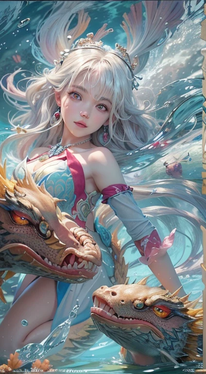 low-girl, 10yoincess of dragon, (Highest quality authentic textured skin),(abyssal),(Fine, Round, Symmetrical eyes),Delicate facial features,(Burning bright and cold eyes), she have beautiul tiger eyes, very slim and thin body, naked, nude, (She has a mischievous smile on her face),(Her face is gentle and beautiful),Glass earrings on the ears,,(Blonde hair),(silvery white hair),(Maroon hair),(Swim at the bottom of the sea),(Full body portrait:1.5),(Dramatic photo:1.4),(dramatic pose),(flamboyant photo)(facing up),(Looking down),(Around her neck hangs a simple necklace of exquisite craftsmanship),A messy painting,(Hair flows in water:1.5),(Underwater, Marine life, Beautiful coral reef, Fish),(Vortices and tidal currents in the background),(Dramaticlight),(Magnificent scene),(Surrounded by beautiful dragon),In the distant background is a temple submerged in a coral reef,the reef,Epic realism,Cinematic feeling,(high-density imaging review:1.5),(Soft color:1.2),Ultra detailed,Dramaticlight,(intricately details:1.1),the complex background,
