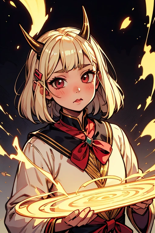 1 girl, Adult women, alone, Gordo 3mb, air, (platinum blonde hair) hair, Hime cut, (kawaii hair clips:1.2) high quality, 最high quality, High resolution, high definition, (airen aura magic), hair uplifted, horn