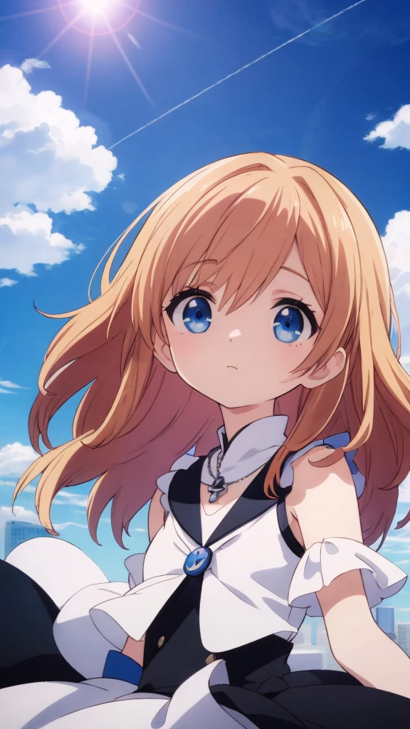 absurderes, hight resolution, (Anime style:1.1), ((masutepiece)), ((Best Quality)), (Ultra-detailed), (Beautiful), solo, Beautiful face、(liftup)、Cute looking at the view from the top of a skyscraper that is closer to the atmosphere,Wind,((Thin black colorful long hair)),, Blue Eyes,Lens Flare,Dramatic,Detailed Ancient City、Skirt fluttering in the wind、Clouds below looking down、(Don't look here:1.4),((Kingdom hearts4)),((Shibuya))1.5,