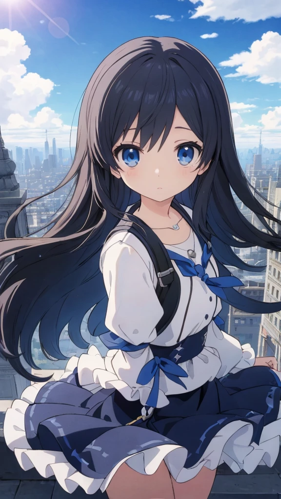absurderes, hight resolution, (Anime style:1.1), ((masutepiece)), ((Best Quality)), (Ultra-detailed), (Beautiful), solo, Beautiful face、(liftup)、Cute looking at the view from the top of a skyscraper that is closer to the atmosphere,Wind,((Thin black colorful long hair)),, Blue Eyes,Lens Flare,Dramatic,Detailed Ancient City、Skirt fluttering in the wind、Clouds below looking down、(Don't look here:1.4),((Kingdom hearts4)),((Shibuya))1.5,