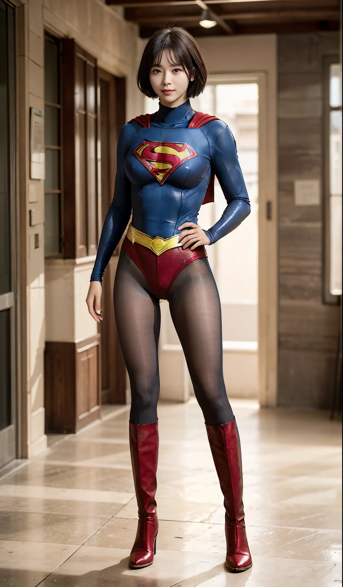 No background、(((Beautiful legs in black tights.)))、(((Legally express the beauty of your smile)))、((((Make the most of your original images)))、(((Supergirl Costume)))、(((Beautiful very short hair)))、(((suffering)))、(((Please wear black tights....、Wear red boots)))、((Best image quality、8k))、((highest quality、8k、masterpiece:1.3))、(((Preserve background )))、Sharp focus:1.2、Beautiful woman with perfect figure:1.4、Slim Abs:1.2、Wet body:1.5、Highly detailed face and skin texture、8k