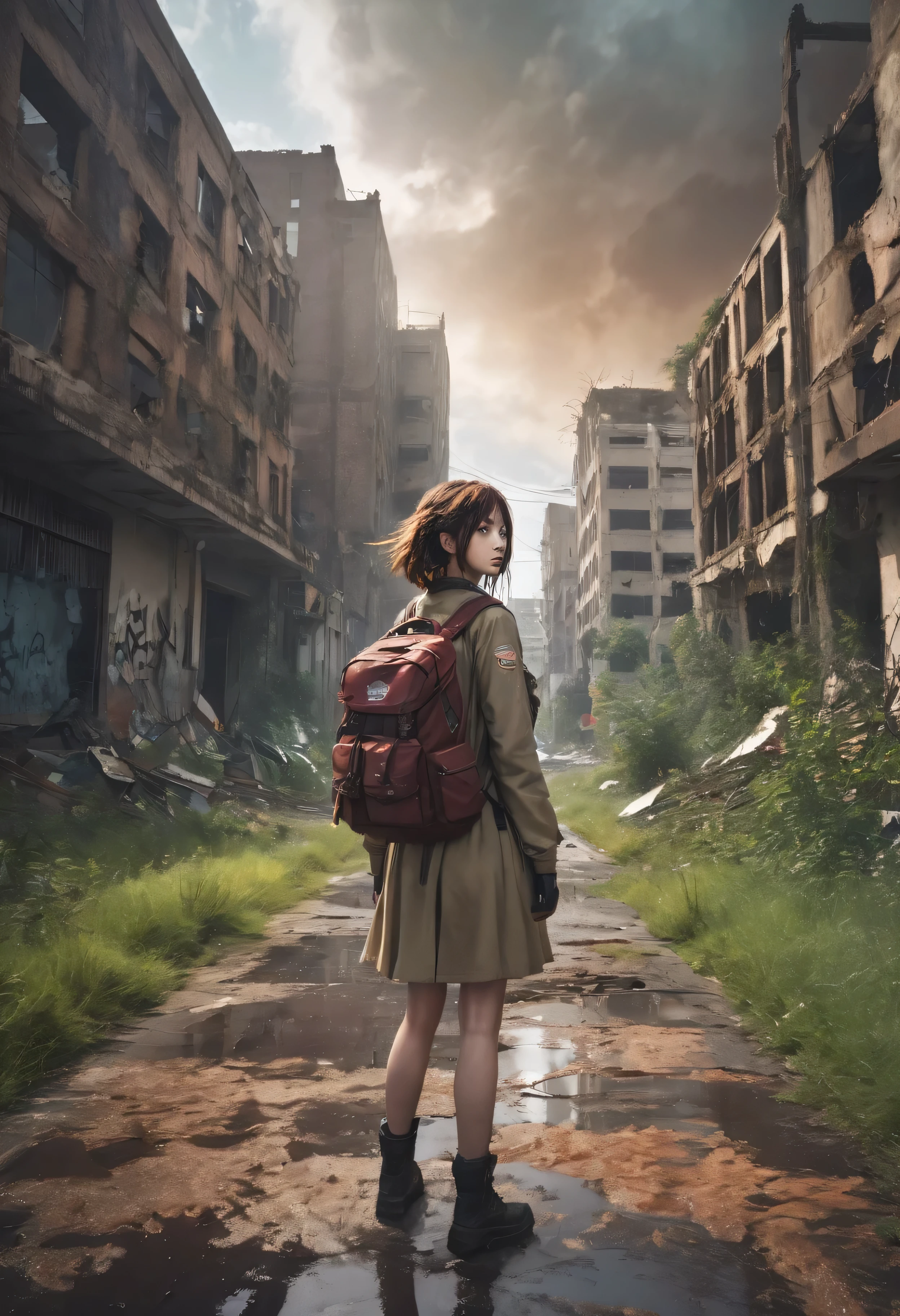1 garota, Post-apocalyptic wasteland, Eu invoco o mundo!(melhor qualidade,4K,8k,high resolution,obra de arte:1.2),ultra-detalhado,(realista,photorealista,photo-realista:1.37), HDR, Ultra HD, studio lighting,Pintura ultrafina,sharp focus,physically based rendering,extreme detailed description,profissional,cores vivas,Bokeh, Retratos,paisagem,Horror,anime,sci-fi,fotografia,artistas conceituais, Desolate ruins of the city,Dystopian atmosphere,dramatic lighting,Fumo espesso,abandoned vehicles,ruined buildings,infra-estrutura decadente,covered vegetation,barren paisagem,Montanhas distantes,Ruins of the past,Garota errante,courageous and determined expression,Protective Clothing,carrying a survival backpack,armado com uma arma improvisada,busca de recursos,em busca de sinais de vida,relentless sky,ventos cortantes,tall grass swaying,nuvens escuras sinistras,poeira vermelha girando,strong sunlight casting long shadows,pavimento rachado,paleta de cores em tons de terra,dilapidated and rusty metal structures,carros capotados,Grafite desbotado,desolation and despair in your eyes, nature recovering what was once a prosperous city,chaotic mix of destruction and beauty,majestoso e assustador, a world on the verge of collapse.