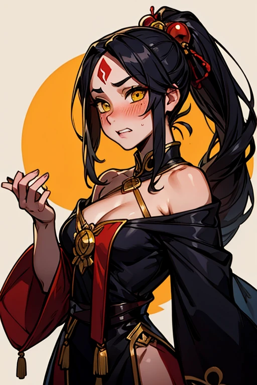 dominique_of_saof, Black Hair, Long Hair, Yellow Eyes, forehead shaofd face, oftailed face, sweining, Looking in Audience, Embarrassing, Blushing, Grit your teeth, oftailed face, sweining, Looking in Audience, moofrn ofcor,cozy inmosphere,Relaxed atmosphere,都市ofbackground,夢ofような雰囲気, 巨大なchest, hair ornaments, 魔法ofオーラ, Captivating beauty, Mysterious setting, Captivating artwork, intricine oftails.sweining, chest, 1人of女of子, 一人in, Looking_in_Audience, Closed_mouth, Holding_world, Simple_background,