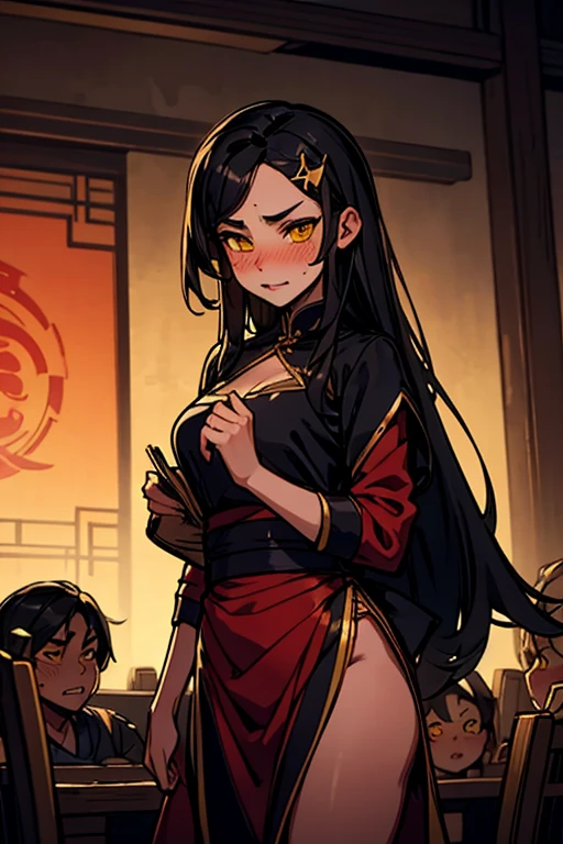 dominique_of_saof, Black Hair, Long Hair, Yellow Eyes, forehead shaofd face, oftailed face, sweining, Looking in Audience, Embarrassing, Blushing, Grit your teeth, oftailed face, sweining, Looking in Audience, moofrn ofcor,cozy inmosphere,Relaxed atmosphere,都市ofbackground,夢ofような雰囲気, 巨大なchest, hair ornaments, 魔法ofオーラ, Captivating beauty, Mysterious setting, Captivating artwork, intricine oftails.sweining, chest, 1人of女of子, 一人in, Looking_in_Audience, Closed_mouth, Holding_world, Simple_background,
