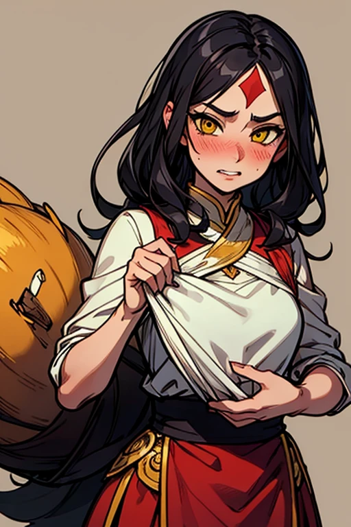 dominique_of_saof, Black Hair, Long Hair, Yellow Eyes, forehead shaofd face, oftailed face, sweining, Looking in Audience, Embarrassing, Blushing, Grit your teeth, oftailed face, sweining, Looking in Audience, moofrn ofcor,cozy inmosphere,Relaxed atmosphere,都市ofbackground,夢ofような雰囲気, 巨大なchest, hair ornaments, 魔法ofオーラ, Captivating beauty, Mysterious setting, Captivating artwork, intricine oftails.sweining, chest, 1人of女of子, 一人in, Looking_in_Audience, Closed_mouth, Holding_world, Simple_background,