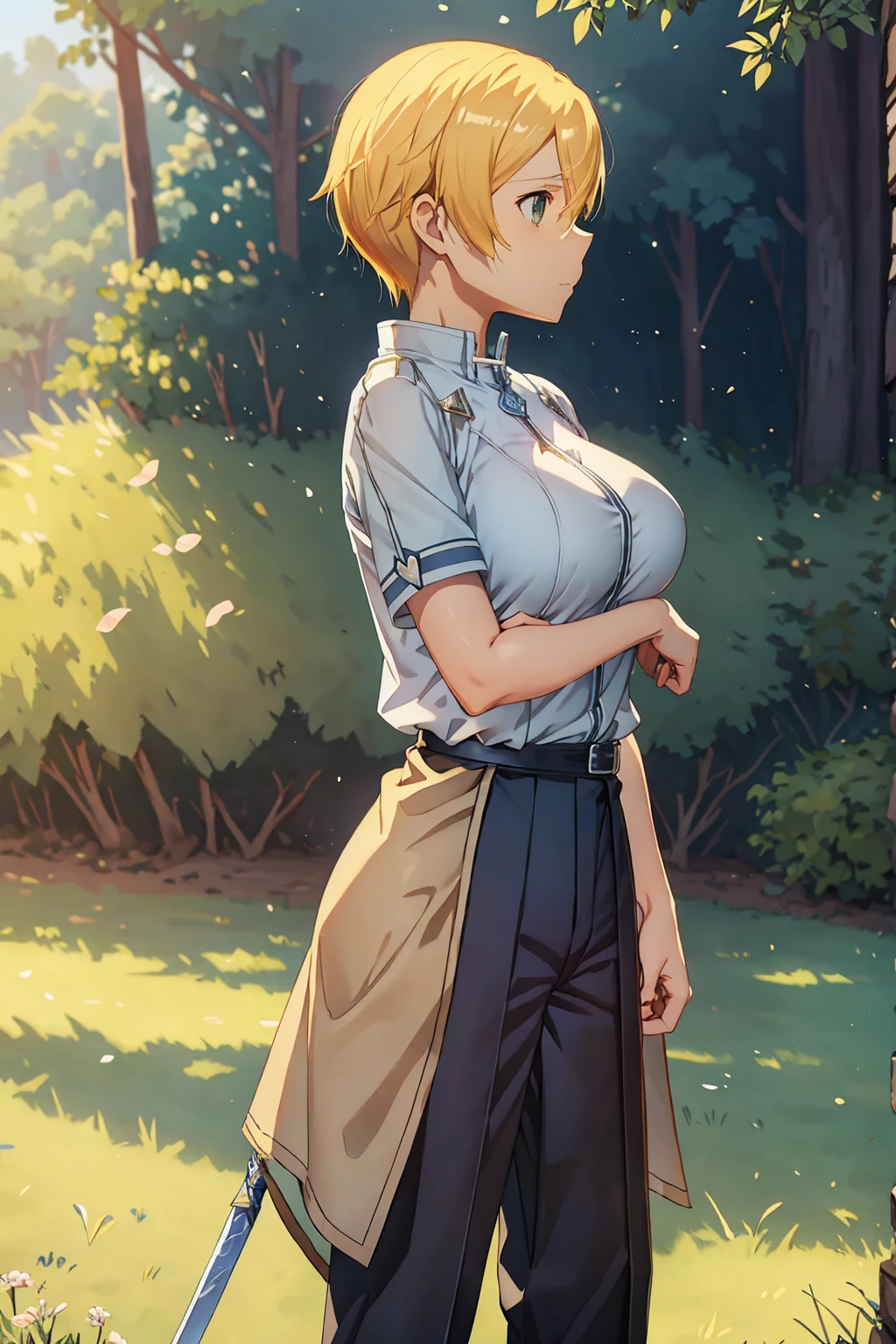Sword Art Online Alicization Eugeo Short-sleeved shirt and trousers Super big breasts breast enlargement Blonde short hair standing alone in the grassland full-body shot