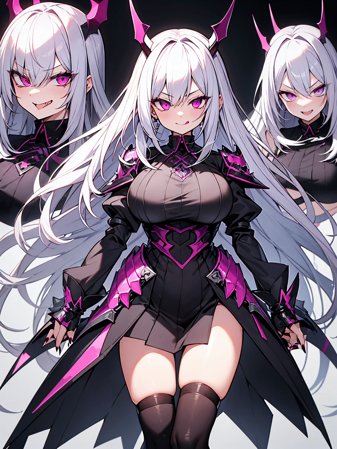 Silver Hair、Sharp Eye、Pink Eyes、vampire、Ruthless smile、Sticking out tongue、Black and purple gothic armor、Black knee-highs、Hair swaying in the wind、Large Breasts、darkness、Aggressive、insanity、Murderous Intent、cool、Ahegao、Red nails