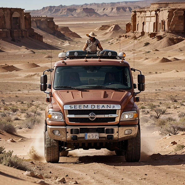 Una camioneta en el desierto con serpientes gigantes