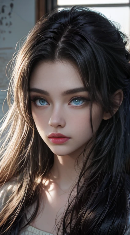 beautiful girl, 18 years old, long dark hair, blue eyes