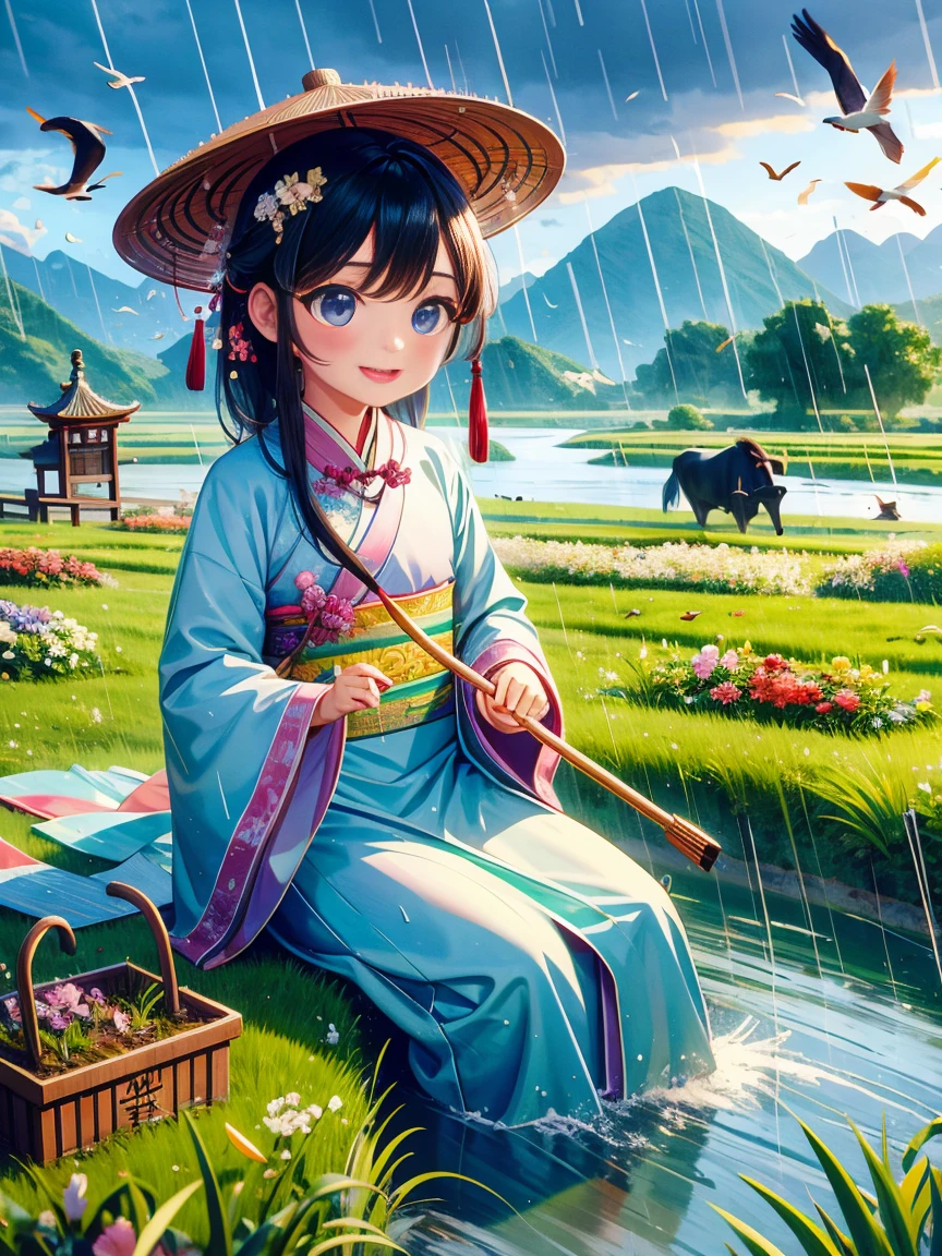 Rain during the Qingming Festival，A cute little Chinese boy，Dressed in light-colored Hanfu，Planting vegetables with a hoe，A black cow eating grass，From Bubble Mart。She is in the field，The river in the distance、grassland，There are mountains in the distance，Birds circling in the sky，onion。Vector illustration style characters，Big watery eyes，Vibrant colors，Wide-angle view