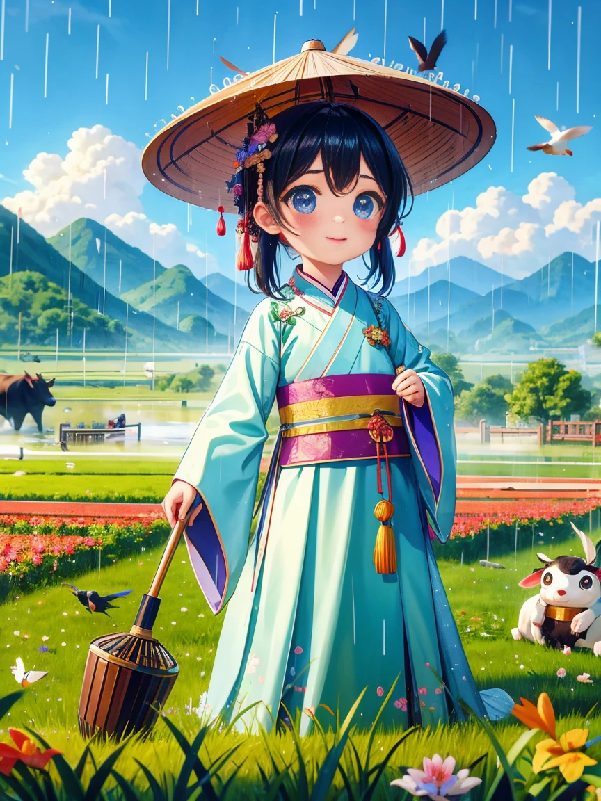 Rain during the Qingming Festival,A cute little Chinese boy,Dressed in light-colored Hanfu,Planting vegetables with a hoe,A black cow eating grass,From Bubble Mart。She is in the field,The river in the distance、grassland,There are mountains in the distance,Birds circling in the sky,onion。Vector illustration style characters,Big watery eyes,Vibrant colors,Wide-angle view