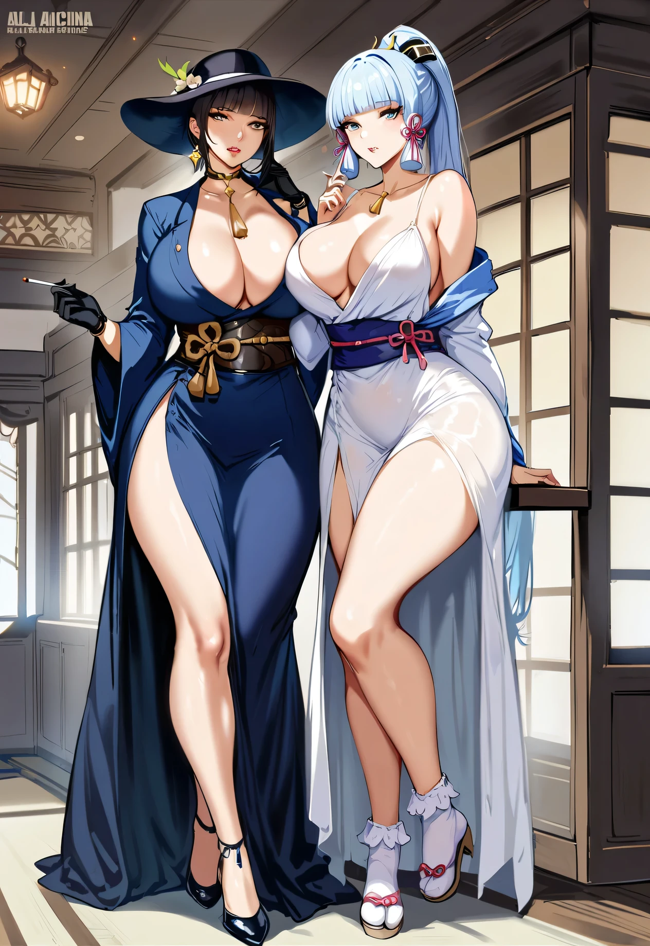 2girls, masterpiece, best quality, highres, JK,huge tit,full body,breasts,looking at viewer,indoors,Kamisato Ayaka,Kamisato Ayaka(genshin impact), light blue hair, blunt bangs, a small gold ornament, grey eyes, pony tail , medium breasts,  blue Japanese clothes, obi, white socks BREAK resident evil,alcina dimitrescu,  black gloves, black hair, black hat, breasts, cigarette holder, dress, earrings,loves, hat, huge breasts, jewelry, long dress, long sleeves, pearl earrings, red lips, short hair, smoking, sun hat, white dress, yellow eyes,front view