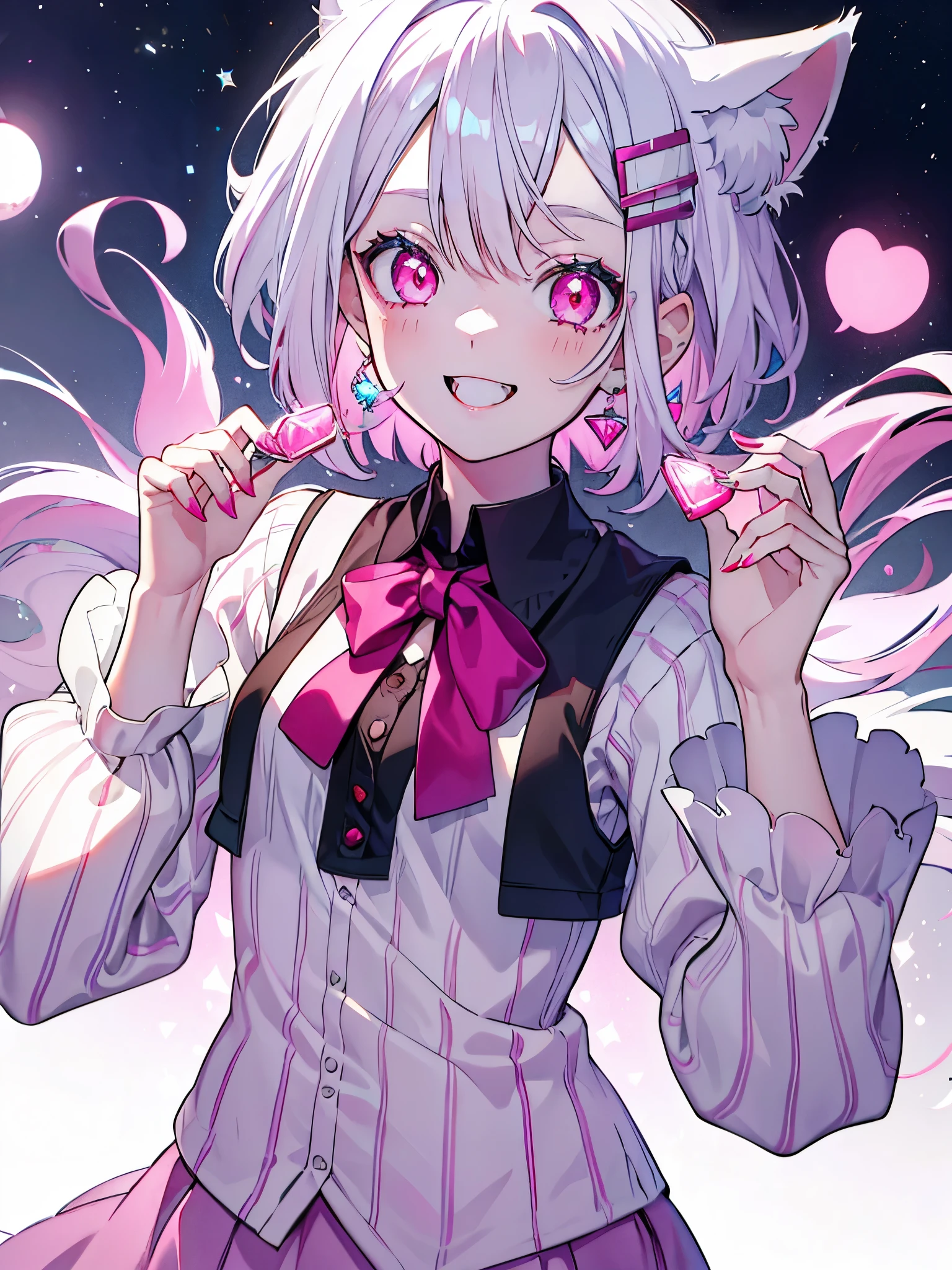 White hair. Short hair. Inner pink hair. Anime girl. Pink eyes. Glowing eyes. Nekomimi. Smiling.