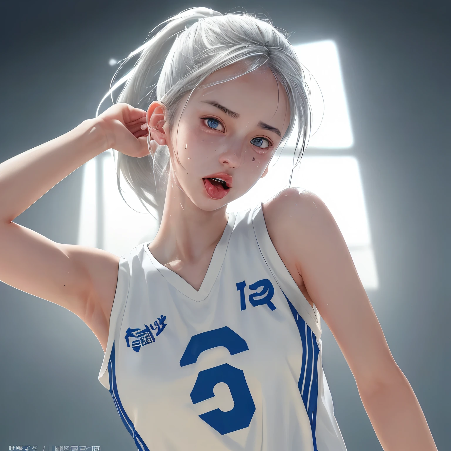 14 year old girl with white hair up, light blue eyes, White skin , small, upturned nose and very beautiful basketball player 
