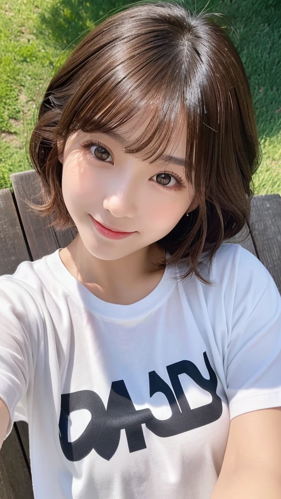 (top-quality,8K picture quality,masterpiece:1.3,),(超A high resolution:1.3,Photorealsitic:1.4,Raw photography:1.2),(ultra-detailliert:1.2,shinny skin,Detailed skin:1.1),(Detailed face,Perfect ???????,Caustics:1.2),On the lawn,Sleep on your back,Overhead view,,1 girl,kawaii,japanes,22year old,Japanese ido,Natural brown hair,Curl short hair outward,Pretty eyes,natural make up,Oversized T-shirt,a smile,Looking at the camera,up on the face,Face Focus,Professional Lighting,natural soft light,