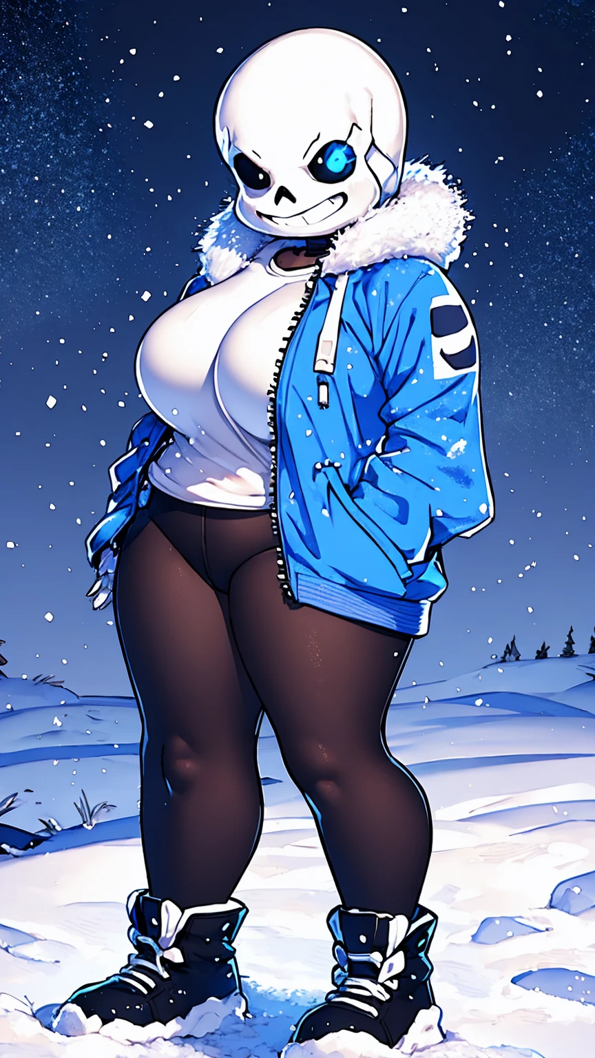 Toby Fox Undertale Sans Blue Jacket ,Fire eyes skull smile white short hair glowing one standing in the snow town Femininefull big breast breast enlargement full-body shot