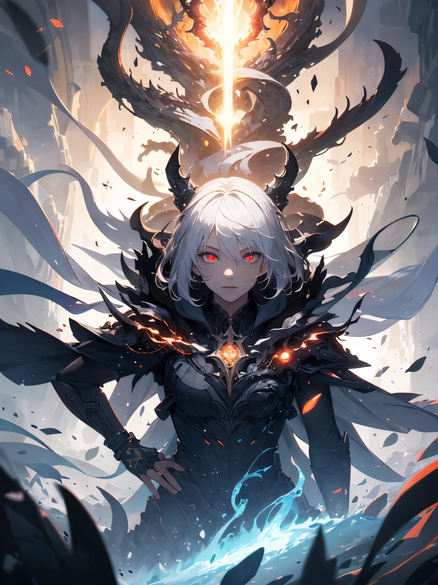 a painting that represents the essence of magic in your world, showing the white-haired, red-eyed protagonist with a mystical black mark on his neck immersed in a cascade of magical energy, with glowing particles dancing around him and arcane symbols forming in the air, masterpiece, best quality, ultra-detailed, illustration, 8k resolution concept art, fantasy art, epic art, concept art wallpaper 4k, deep color, natural lighting